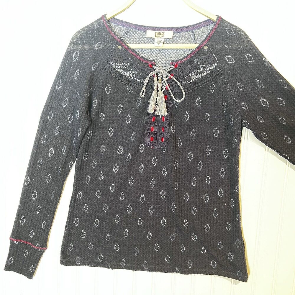 Vintage America Blues Top Women Long Sleeve Navy Blue Red Ribbon Tie Neck Med